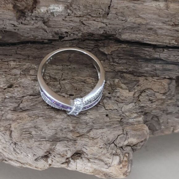 Sterling Silver 925 Ring Quartz Amethyst Bow Knot Crossover Purple Clear Square - Picture 9 of 9